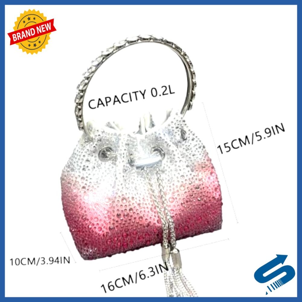 Crystal Handle Evening Handbag Satin Drawstring Bucket Elegant Chic Formal - Picture 2 of 2